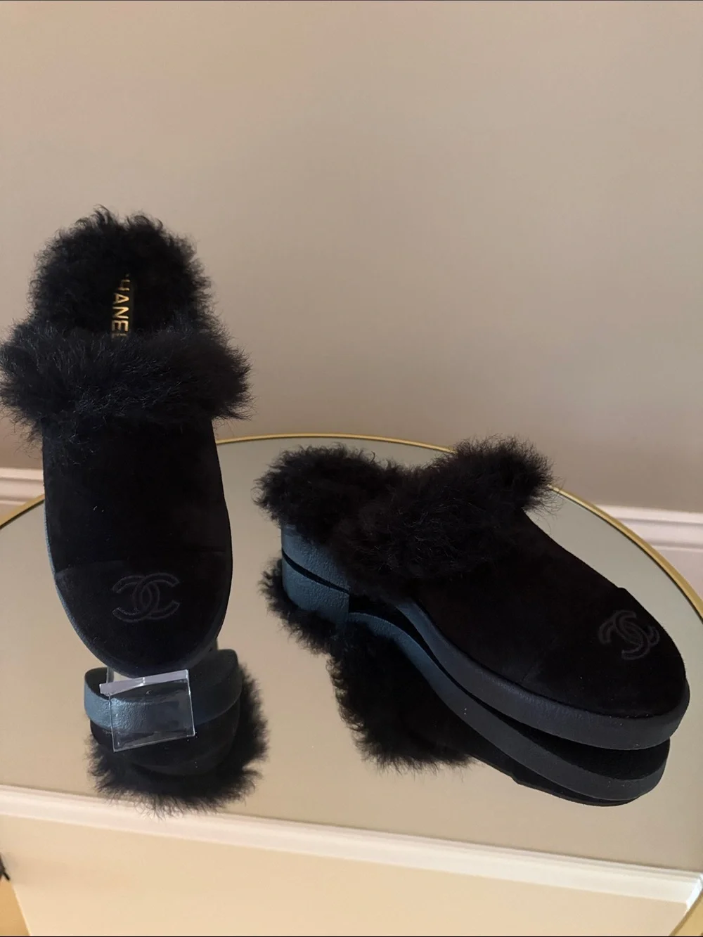 Chanel Black Suede Real Fur Shearling Clogs Mules Sz 40
